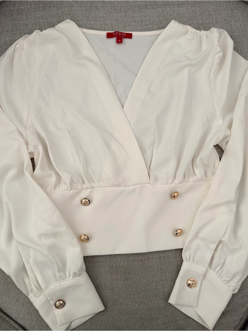 GUESS Cream Double-Breasted V-Neck Crop Blouse